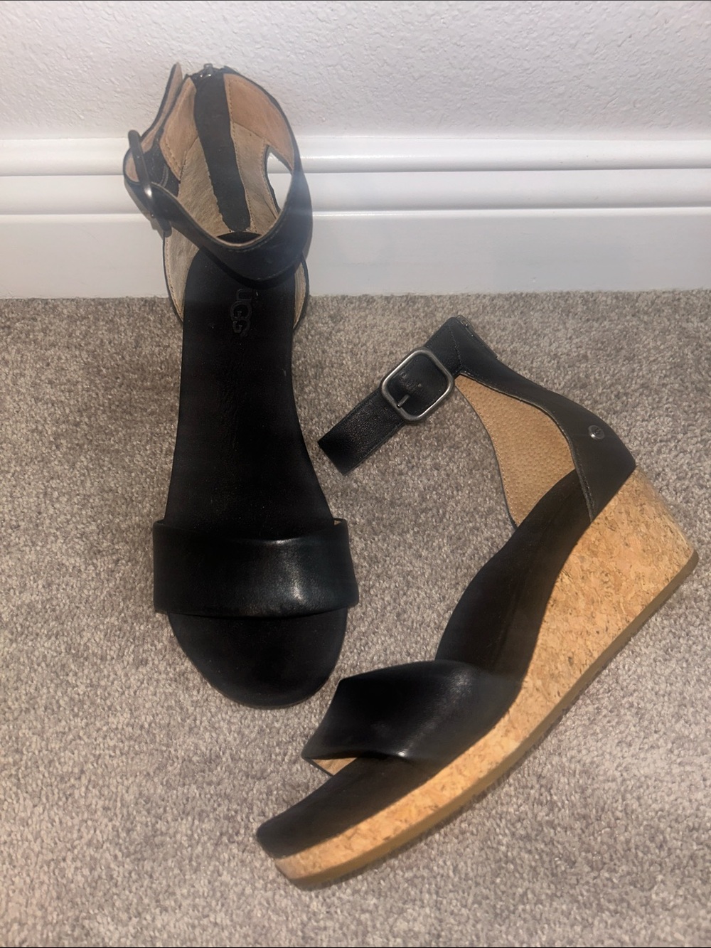 UGG Black Leather Cork Wedge Sandals with Ankle Strap